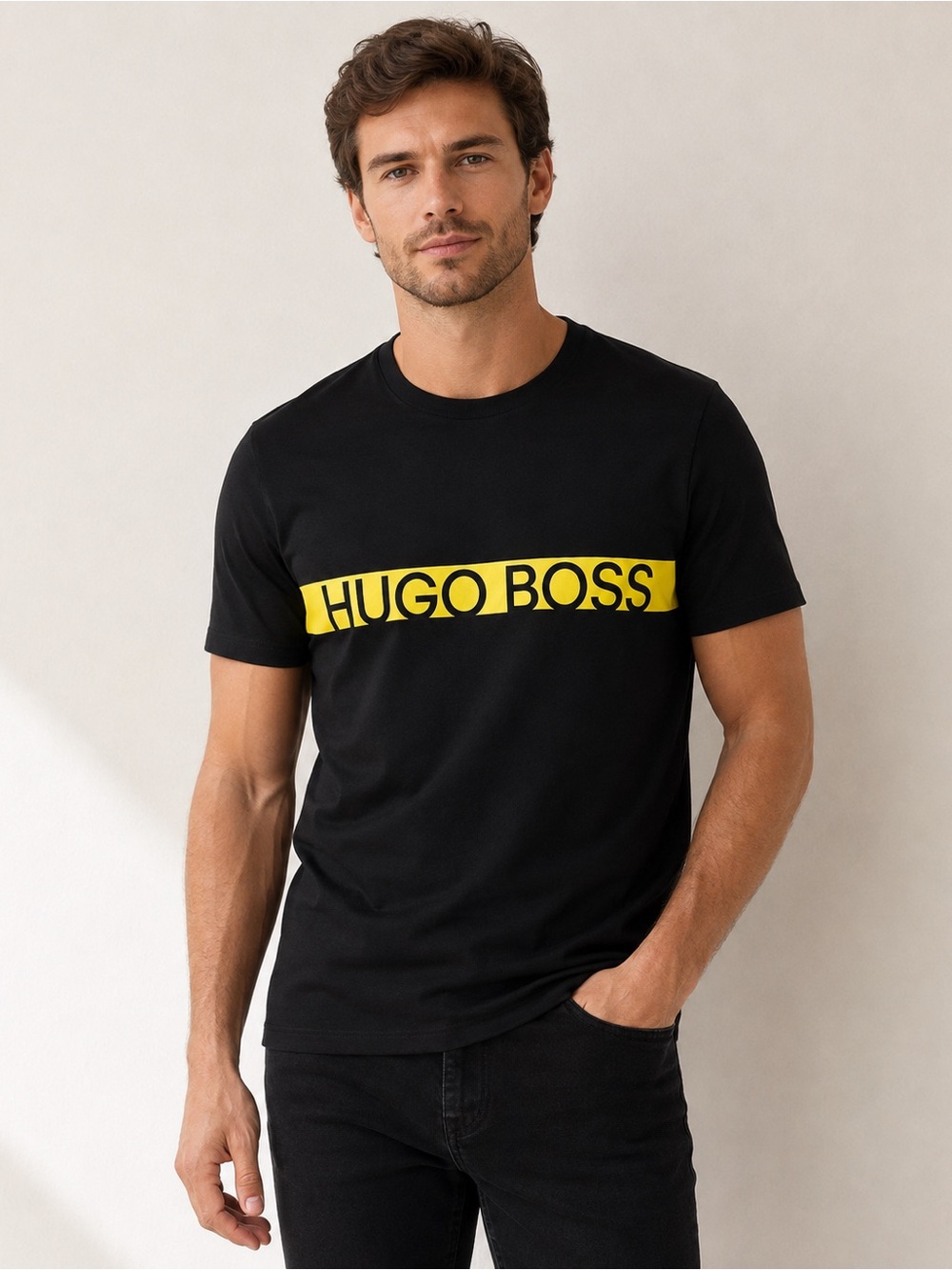 Hugo Boss Black Yellow Logo Stripe Slim Fit T-Shirt Men’s Large